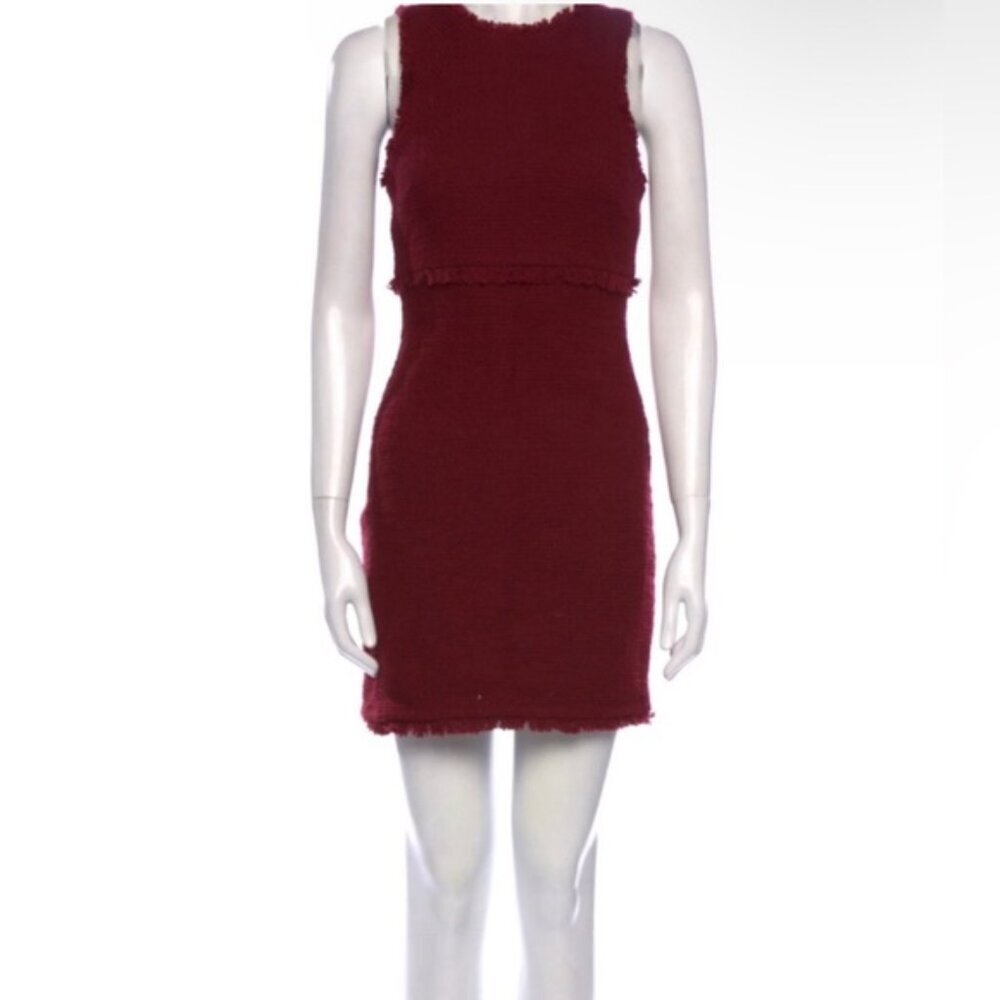 LIKELY Crew Neck Mini Dress Burgundy Tweed Fringe Trim Sleeveless Size SMALL